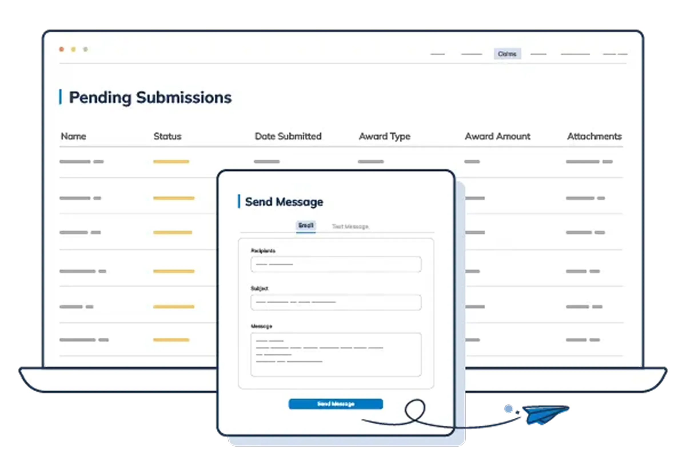 Illustration of a digital claim submissions dashboard with analytics and reporting tools. Best Payment Solutions provides tools that drive rebate program success.